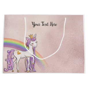Grand Sac Cadeau Texte personnalisé/ Rose or blanc licorne arc-en-c
