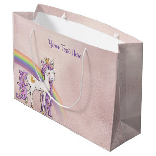 Grand Sac Cadeau Texte personnalisé/ Rose or blanc licorne arc-en-c