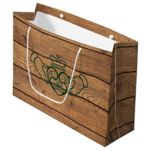 Grand Sac Cadeau Texture de bois de Claddagh céleste rustique