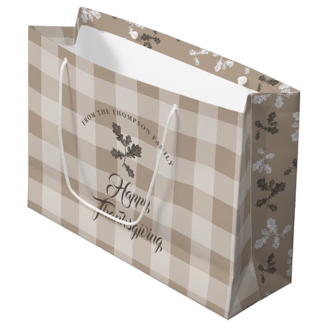 Grand Sac Cadeau Thanksgiving Fall Folid Feuilles Brown Plaid (Devant Angle)