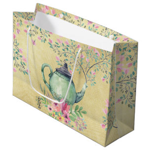 Grand Sac Cadeau Théière d'aquarelle et or élégants de fleurs