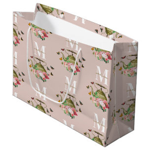 Grand Sac Cadeau Théière Party Fleurs Roses et Papillons Monogramme