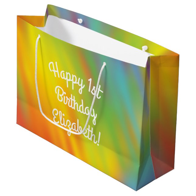 Grand Sac Cadeau Tie Dye Rainbow fête d'anniversaire (Devant Angle)