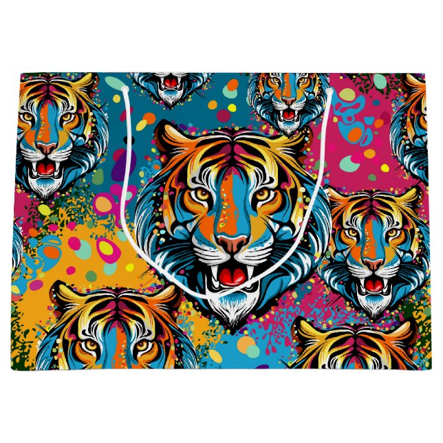Grand Sac Cadeau Tiger Head Rainbow colors paint stains (Devant)