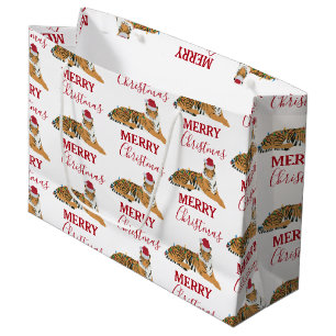 Grand Sac Cadeau Tigre de Noël drôle animal avec chapeau de Père No