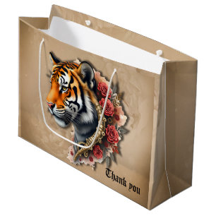 Grand Sac Cadeau Tigre de Steampunk avec illustration Rose.