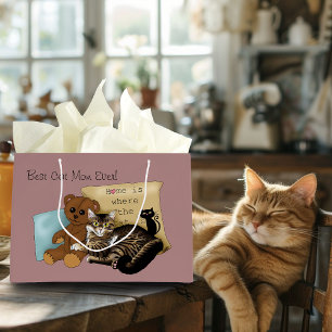 Grand Sac Cadeau Tigre Douillet Rose Fête des Mères