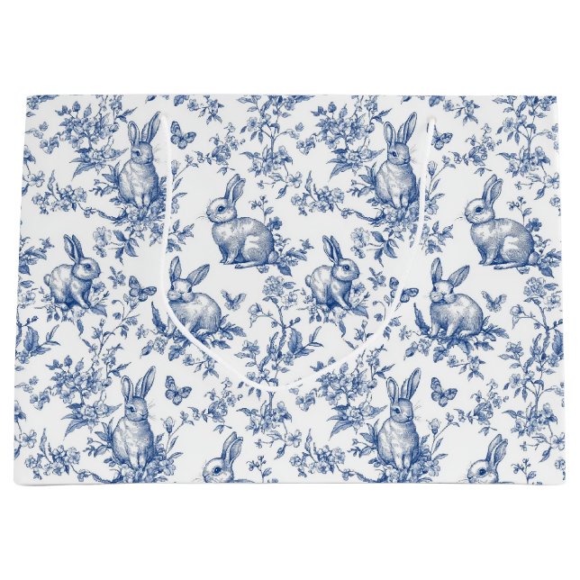 Grand Sac Cadeau Toile Bleue De Jouy Bunny Pâques (Devant)