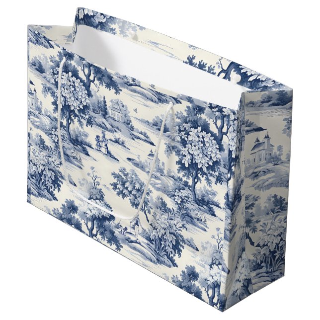 Grand Sac Cadeau Toile de jouy, bleu et blanc, porcelaine, (Devant Angle)