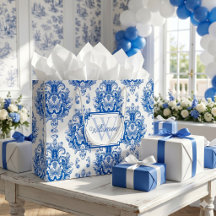 Toile de Jouy Bleue Française Motif Nom Monogramme