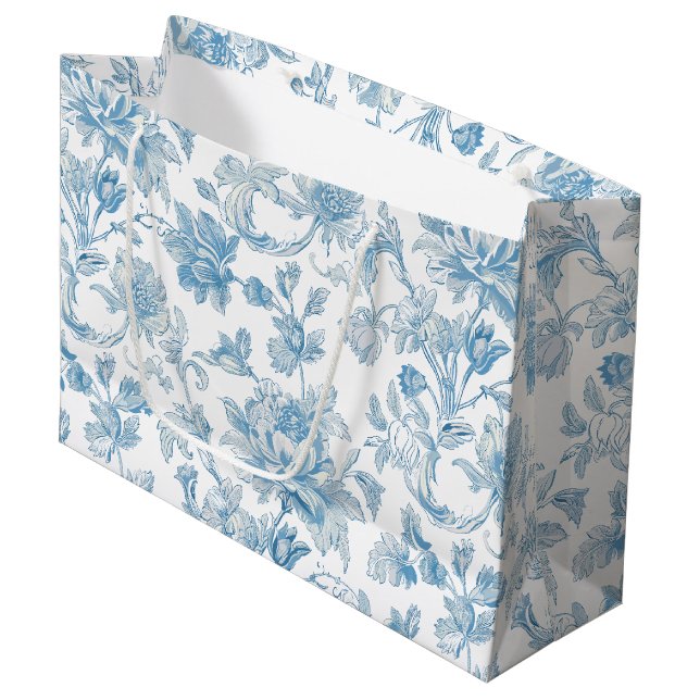 Grand Sac Cadeau Toile-de-jouy Chinoiseries Blue Floral Pattern (Devant Angle)