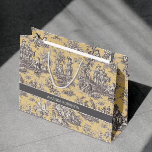 Grand Sac Cadeau Toile de Jouy Florale Française Noir Jaune Vintage
