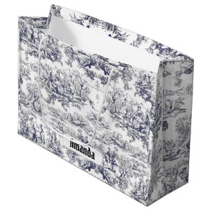 Grand Sac Cadeau Toile de Jouy florale noire vintage monogramme