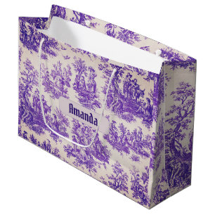 Grand Sac Cadeau Toile de Jouy florale vintage violet monogramme