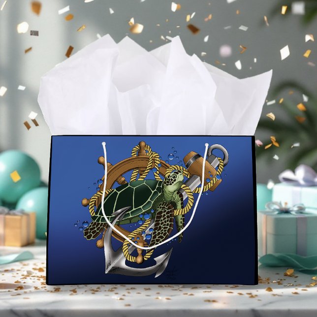 Grand Sac Cadeau Tortue de mer bleu vert (Créateur téléchargé)