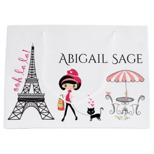 Grand Sac Cadeau Tour Eiffel Paris Fille et chat Noir et rose