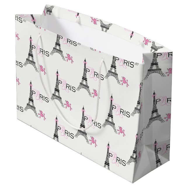 Grand Sac Cadeau Tour Eiffel rose à ruban Paris France Poodle Chic (Dos Angle)