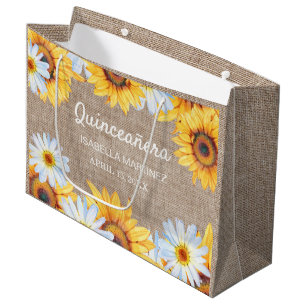 Grand Sac Cadeau Tournesols Marguerite Blanche Toile de Jute Nom Qu
