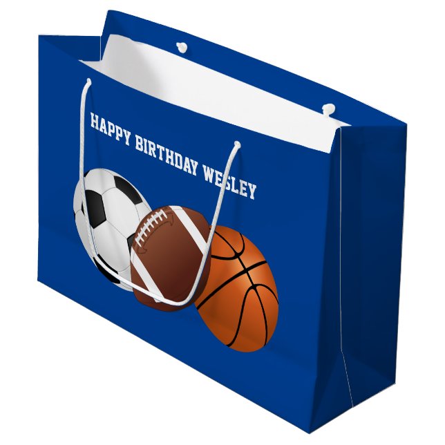 Grand Sac Cadeau Tous les Sports Anniversaire en Bleu (Devant Angle)
