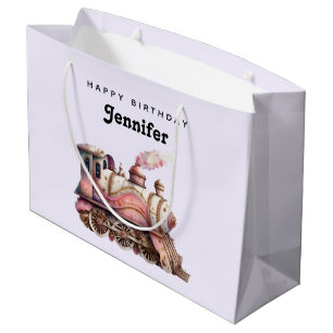 Grand Sac Cadeau Train à vapeur rose Vintage Anniversaire