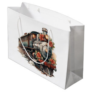 Grand Sac Cadeau Train à vapeur vintage Noël traditionnel