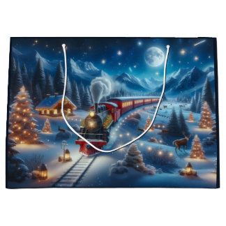 Grand Sac Cadeau Train de Noël magique dans un paysage hivernal enn