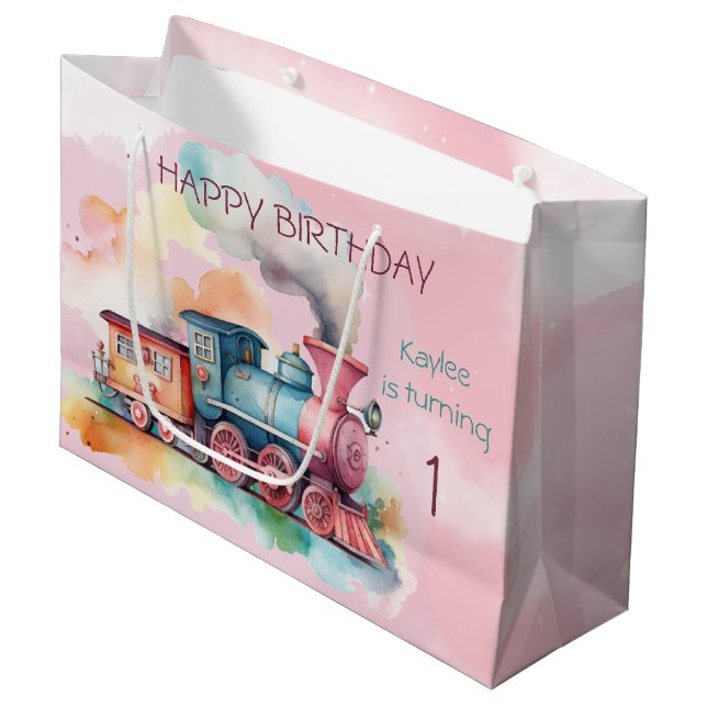 Grand Sac Cadeau Train Engine Girl 1er anniversaire (Devant Angle)