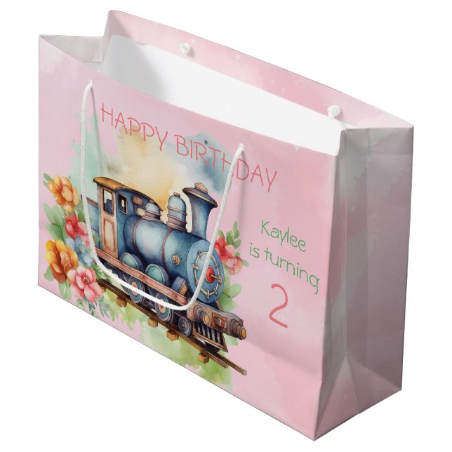 Grand Sac Cadeau Train Engine Girl 2e anniversaire (Devant Angle)