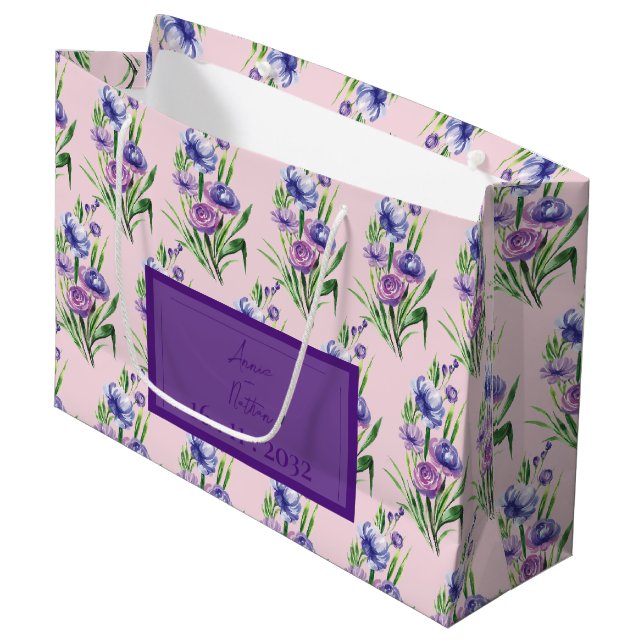 Grand Sac Cadeau Trendy Purple Blue Floral Modèle de mariage Faveur (Devant Angle)
