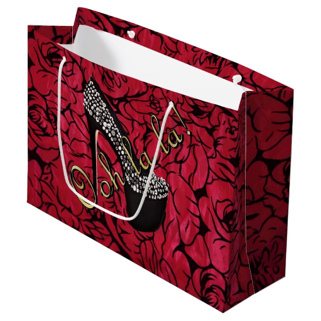 Grand Sac Cadeau Tres Chic Rouge Fleurs (Devant Angle)