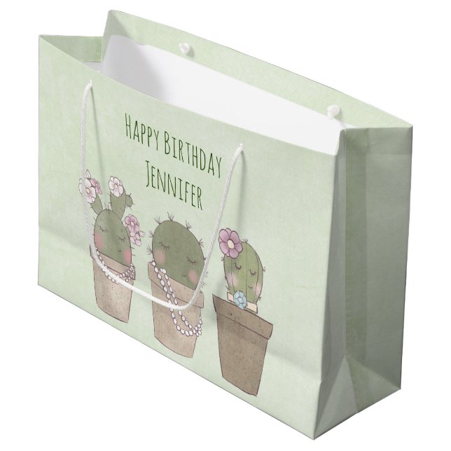 Grand Sac Cadeau Trio Cactus mignonne portant bijoux Anniversaire (Devant Angle)