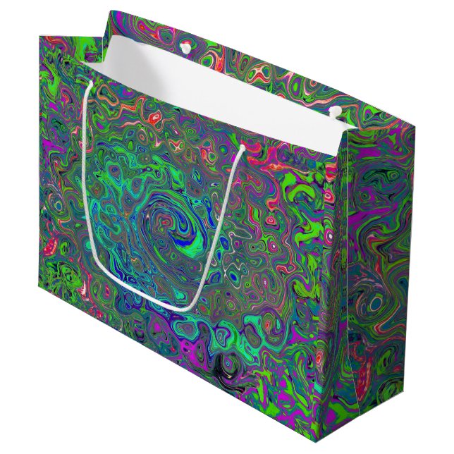 Grand Sac Cadeau Trippy Chartreuse et Blue Retro Liquid Swirl (Devant Angle)