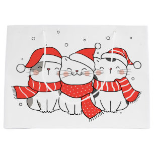 Grand Sac Cadeau Trois chats de Noël en Casquette et Écharpes
