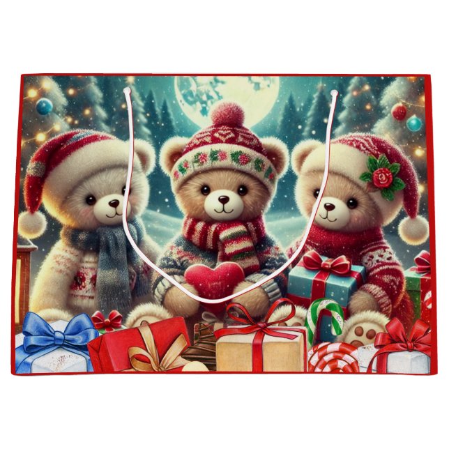 Grand Sac Cadeau Trois Oursons Mignons Joyeux Noël (Devant)