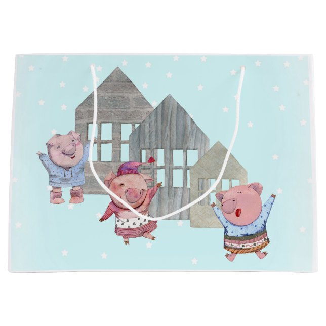 Grand Sac Cadeau Trois petits cochons avec leurs maisons (Devant)