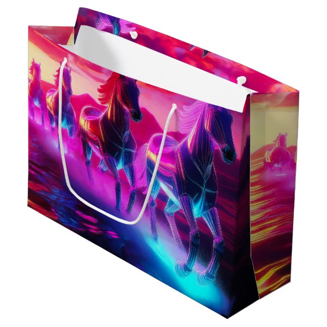 Grand Sac Cadeau Troupeau électrique - Chevaux Synthwave (Devant Angle)