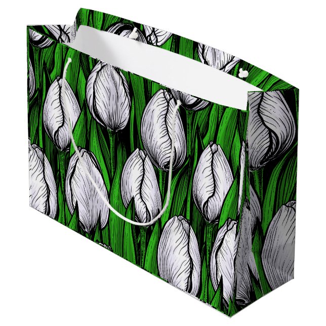 Grand Sac Cadeau Tulières blanches avec feuilles verts (Dos Angle)