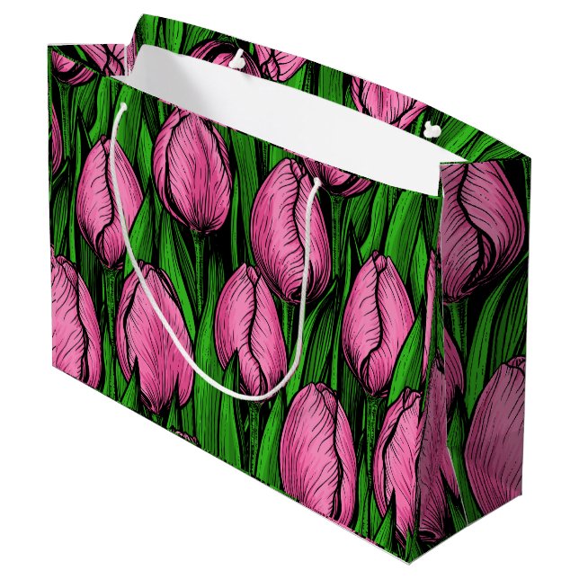 Grand Sac Cadeau Tulières roses avec feuilles verts (Dos Angle)