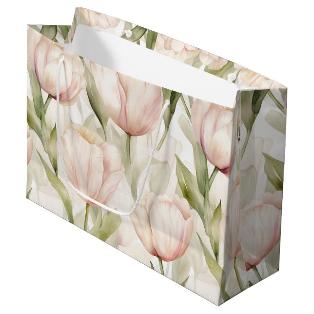 Grand Sac Cadeau Tulipes à crème rose pâle Mariage floral (Devant Angle)