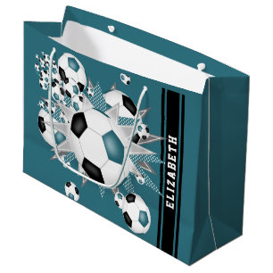 Grand Sac Cadeau turquoise ballon de football noir souffle personna