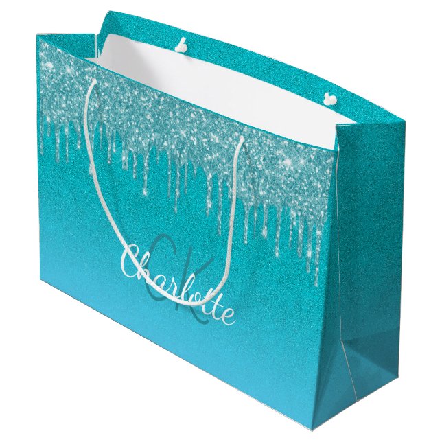 Grand Sac Cadeau Turquoise bleu parties scintillant goutte monogram (Dos Angle)