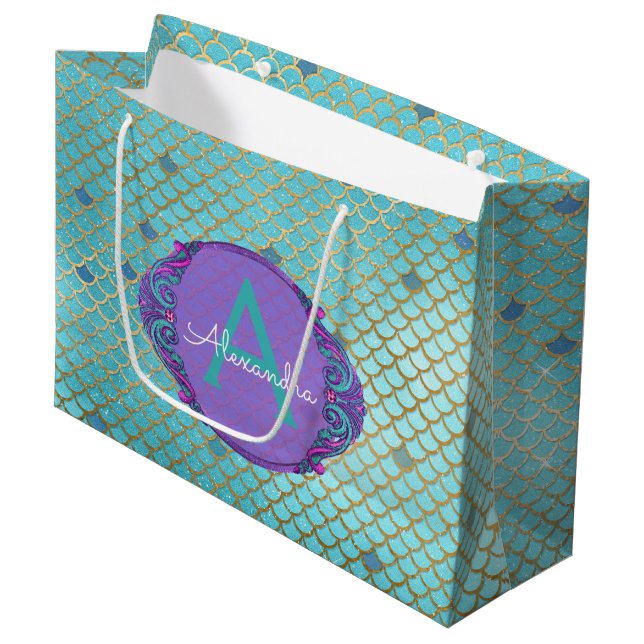 Grand Sac Cadeau Turquoise vert et mauve Étalons de sirène Monogram (Devant Angle)