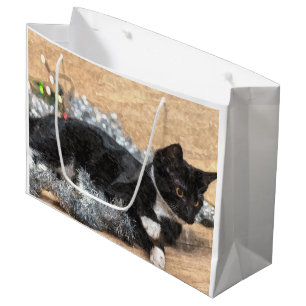 Grand Sac Cadeau Tuxedo Kitten Tinsel et lumières peint