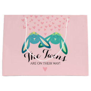 Grand Sac Cadeau Twin Bunnies Baby shower Cute Pastel Pink Party