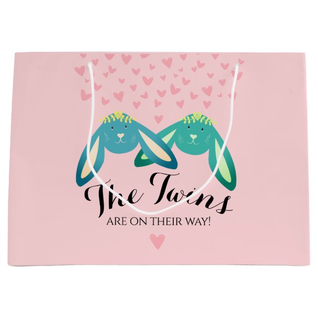 Grand Sac Cadeau Twin Bunnies Baby shower Cute Pastel Pink Party (Devant)