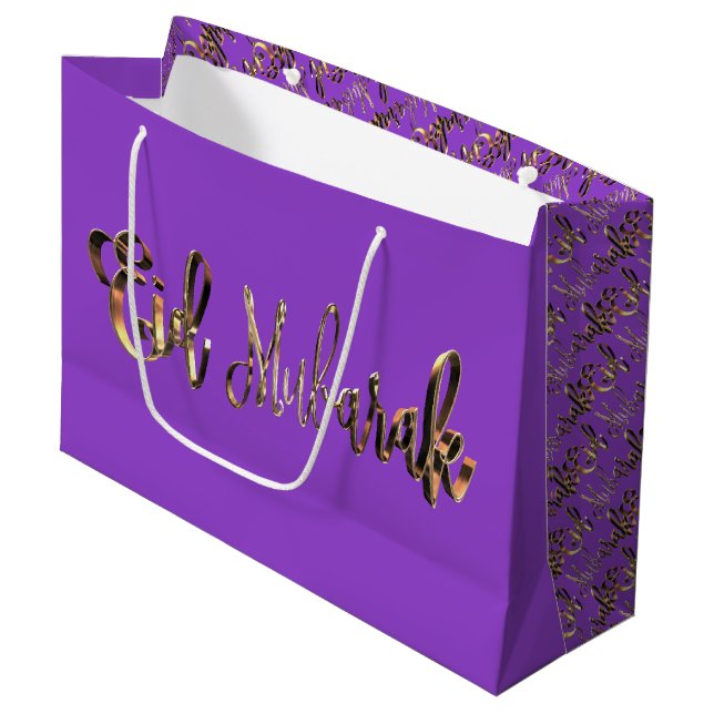 Grand Sac Cadeau Typographie élégante de pourpre d'or d'Eid Mubarak (Devant Angle)