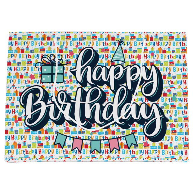 Grand Sac Cadeau Typographie Joyeux Anniversaire  (Devant)