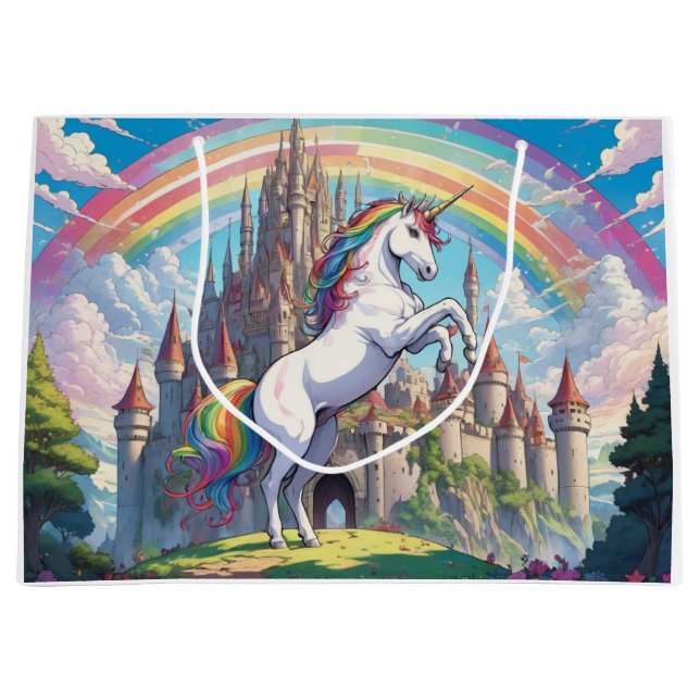 Grand Sac Cadeau Unicorne, arc en ciel (Devant)
