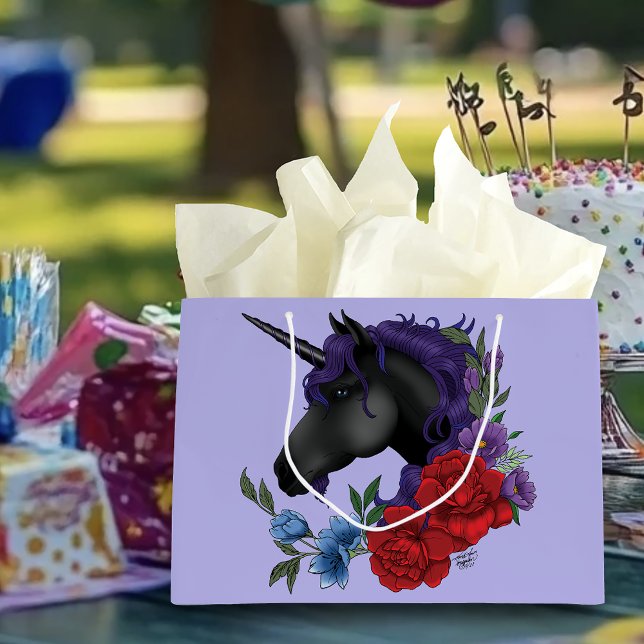 Grand Sac Cadeau Unicorne noire et fleurs (Créateur téléchargé)