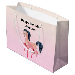 Grand Sac Cadeau Unicorne nordique rose avec Black Mane Anniversair